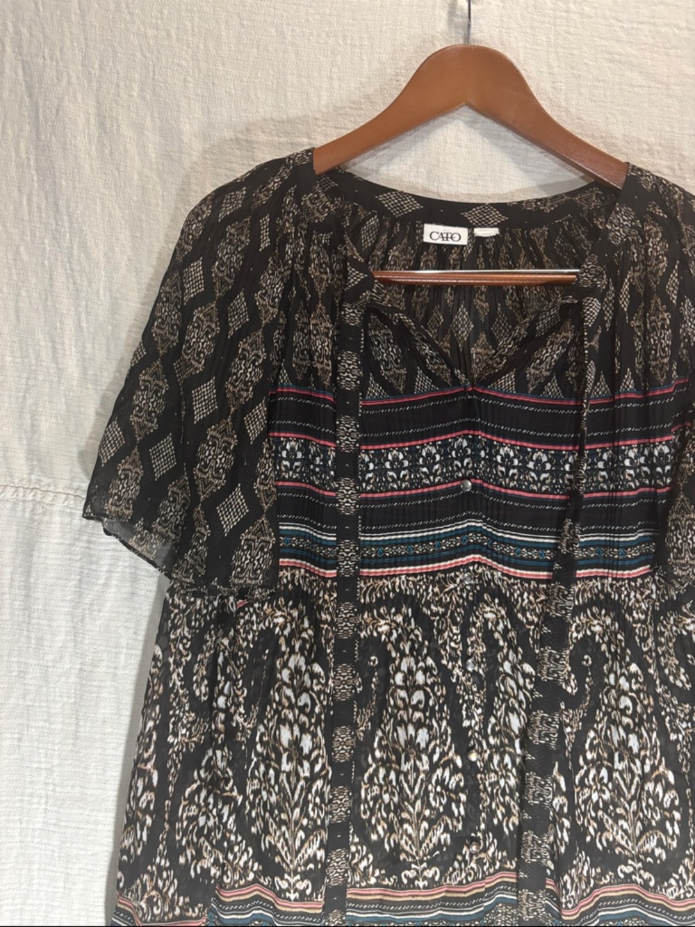 Cato Black Boho Tie-Front Tunic with Multicolor Stripe Details - Picture 9 of 11